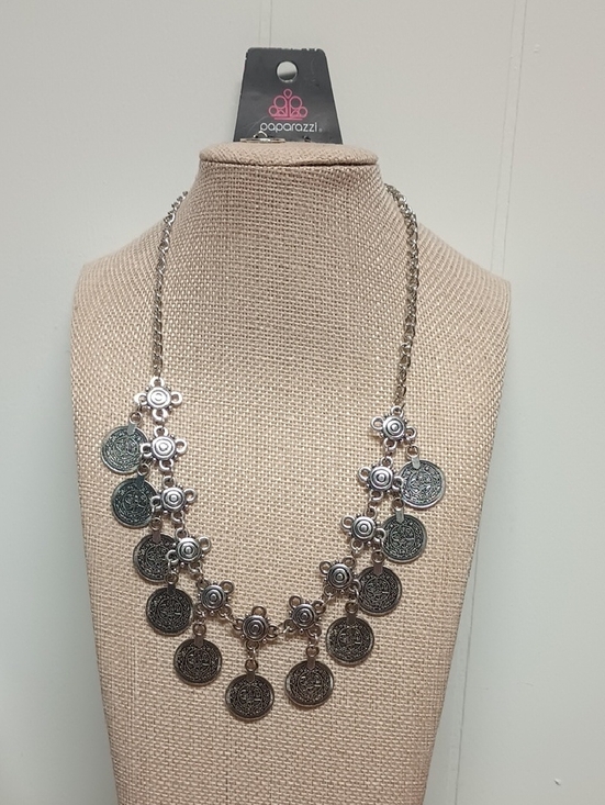 paparazzi Jewelry - Paparazzi Silver Floral Coin Bib Necklace And Earrings